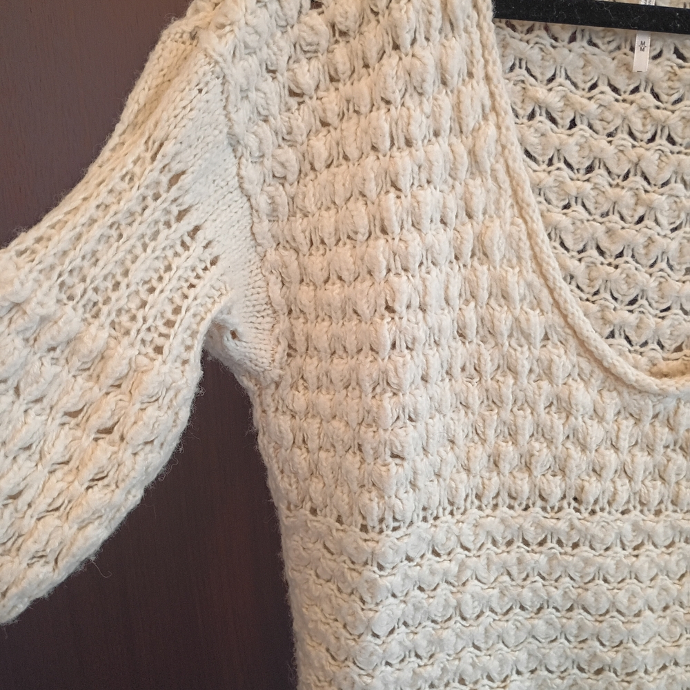 Free People Ivory Open-Knit Scoop Neck Sweater